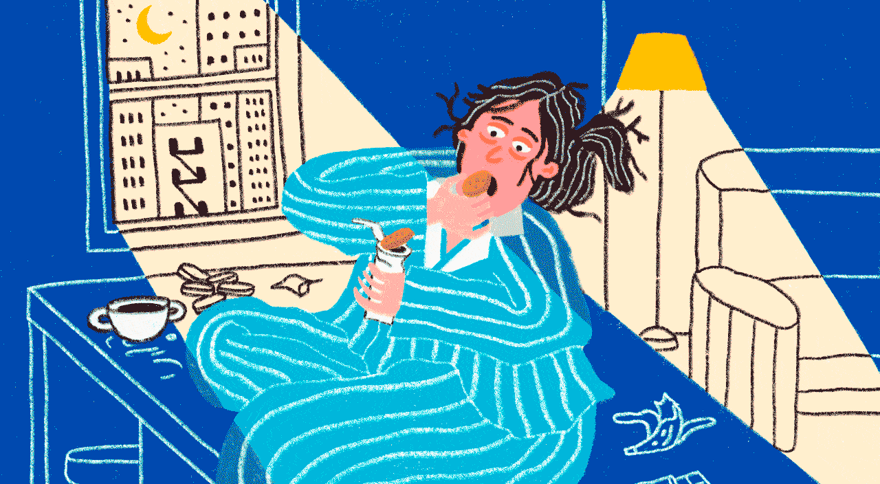 illustration gif of woman eating cookies and drinking coffee at midnight, munchies, midnight snacks
