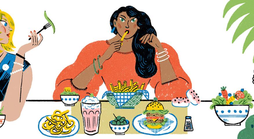 illustration of 2 women eating healthy and a woman in the middle eating french fries