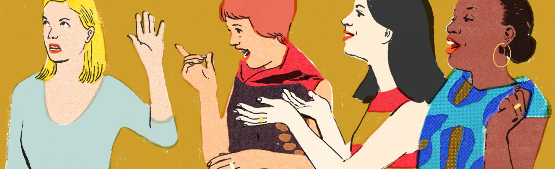 Illustration of woman being annoyed by her married friends