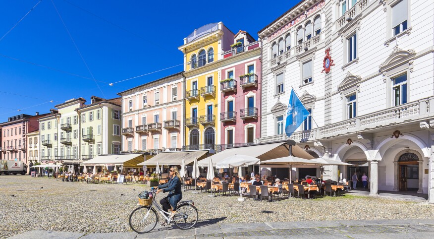 Switzerland, Ticino, Tessin, Lake Maggiore, Alps, Locarno, Tourists on Piazza Grande Locarno