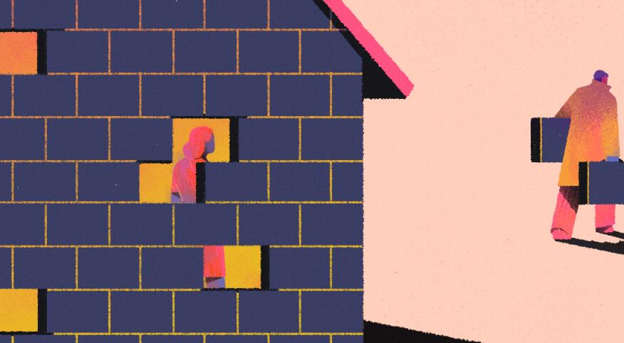 Illustration of a husband leaving for work while wife is lonely in the house by herself.