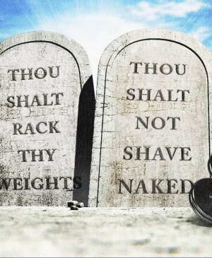 Photo compilation of tombstones and gym weights