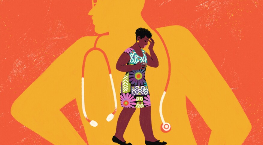 illustration of woman looking worried standing in front of silhouette of docot