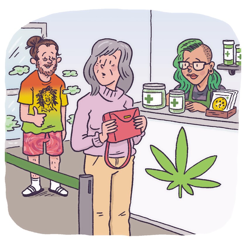 illustration of older man in line at cannabis dispensary