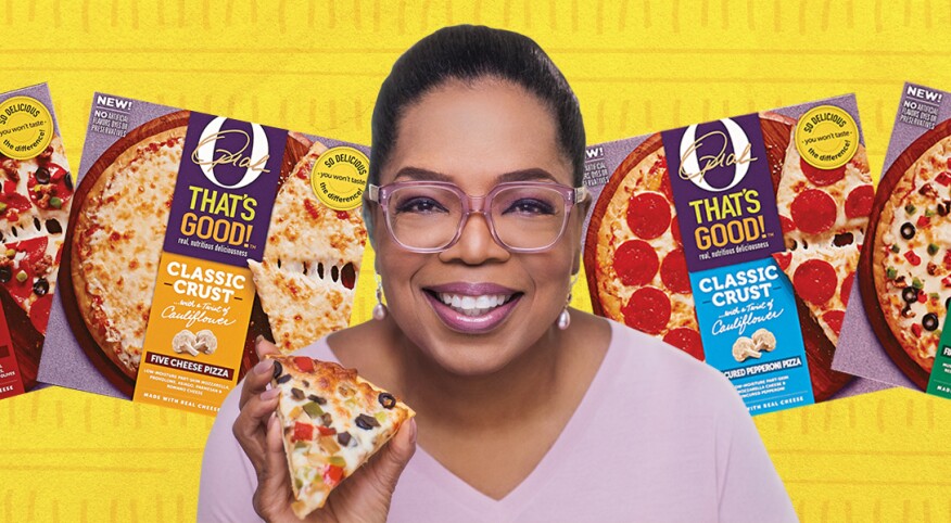 Photo collage of Oprah and her frozen pizza line