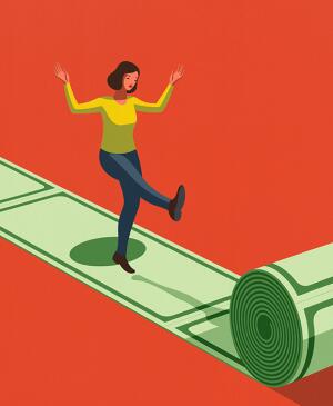 illustration of woman walking on rolled out dollar bills, insurance, long-term care