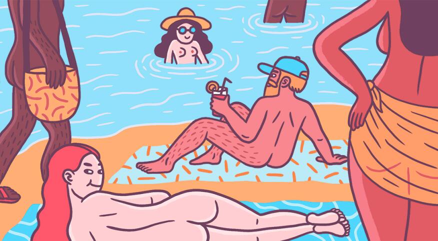 An illustration of several people at the beach on a naked vacation.