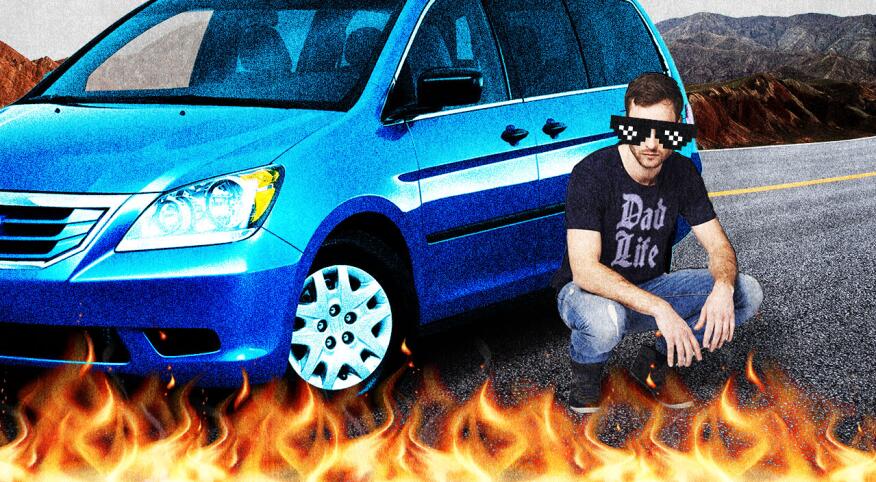 Humorous setting of man with cool glasses proudly kneeling in front of his van