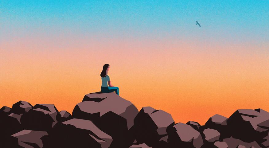 illustration of woman sitting on rocks looking at sunset, trauma, hope