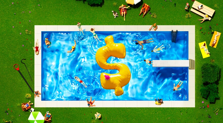 Colorful pull in summer with jumbo dollar sign floatie in the middle