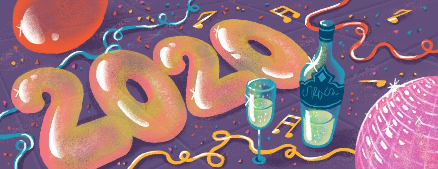 illustration of new years balloons streamers champagne for spotify playlist by charlot kristensen