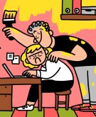 illustration of husband painting wall while wife is working, retirement