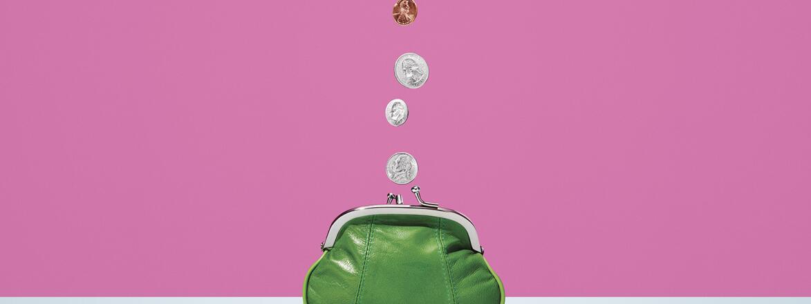 gif of small green coin purse with coins coming out