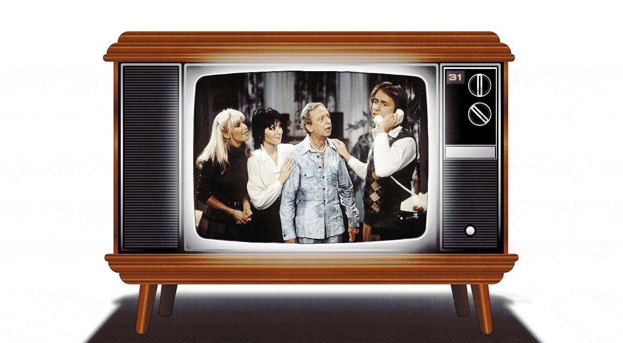 Animation of an old television with video stills of the television shows Happy Days, X Files, The Cosby Show, and Threes Company