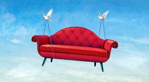 illustration of two birds carrying a couch through the sky