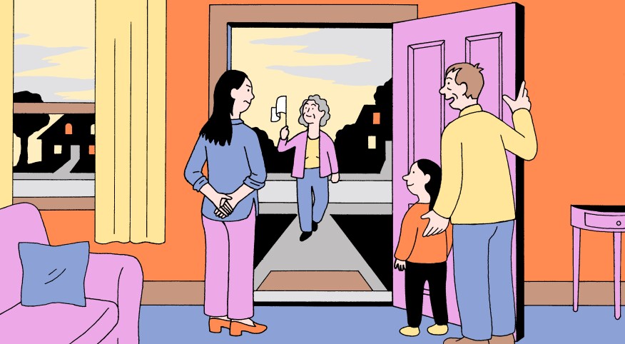 illustration of senior woman arriving to her daughter-in-laws house