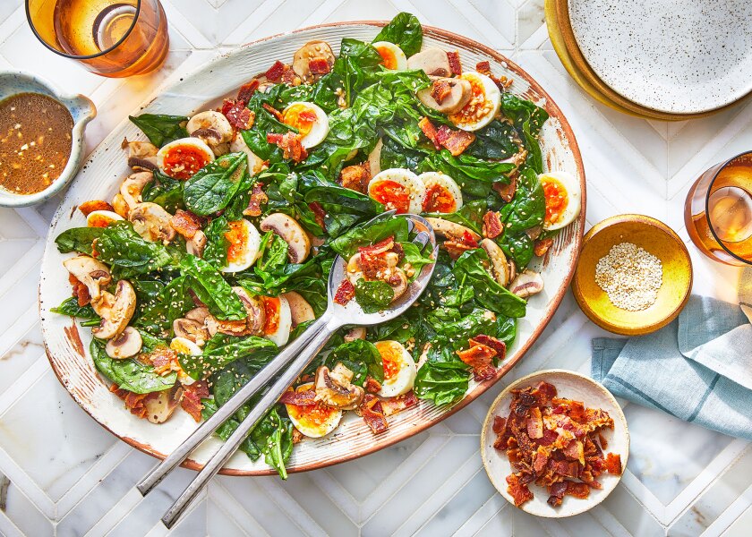 Summer salad arranged on tile surface