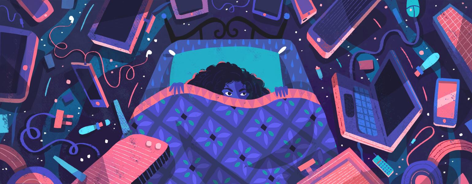 illustration of lady laying in bed surrounded by electronics