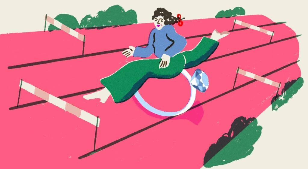 illustration of woman running on track field jumping over wedding ring