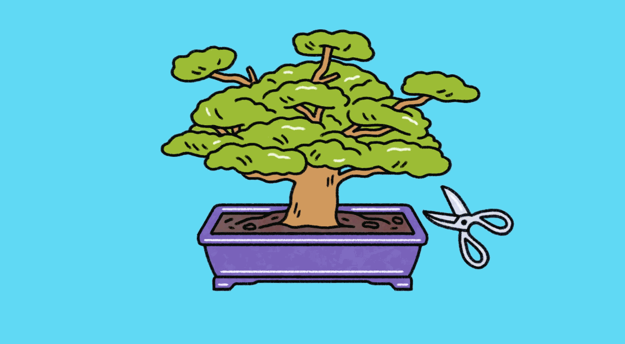 gif illustration of scissors cutting off branches from bonsai tree, removing people