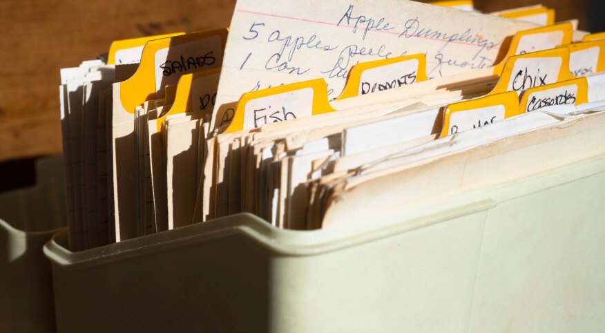 Close up detail of vintage recipe box