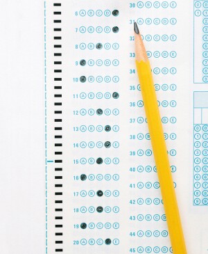 Photo of scantron bubble test with answers filled in.