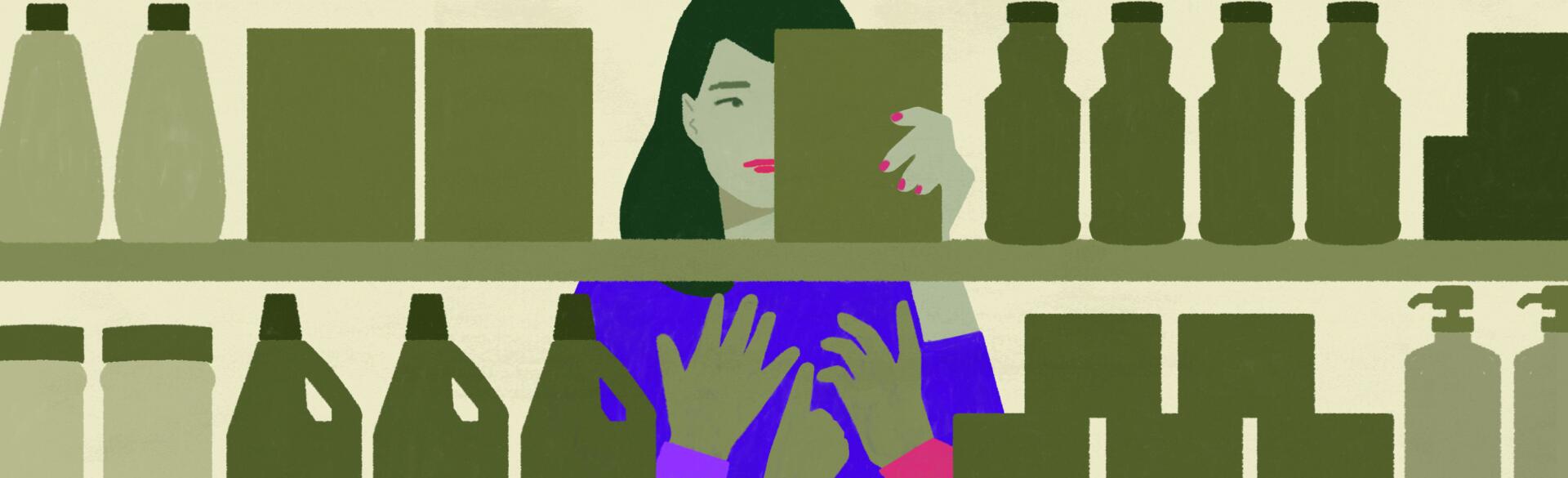 illustration of mom in grocery store with kids pulling at her