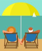 illustration of couple holding hands sitting on chairs by the ocean, dating