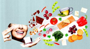 photo collage of woman surrounded by health foods that promote skin and hair health