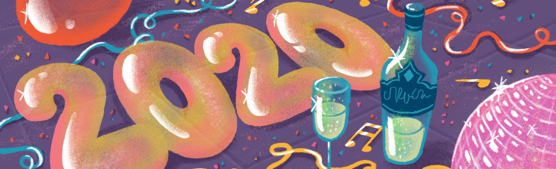 illustration of new years balloons streamers champagne for spotify playlist by charlot kristensen