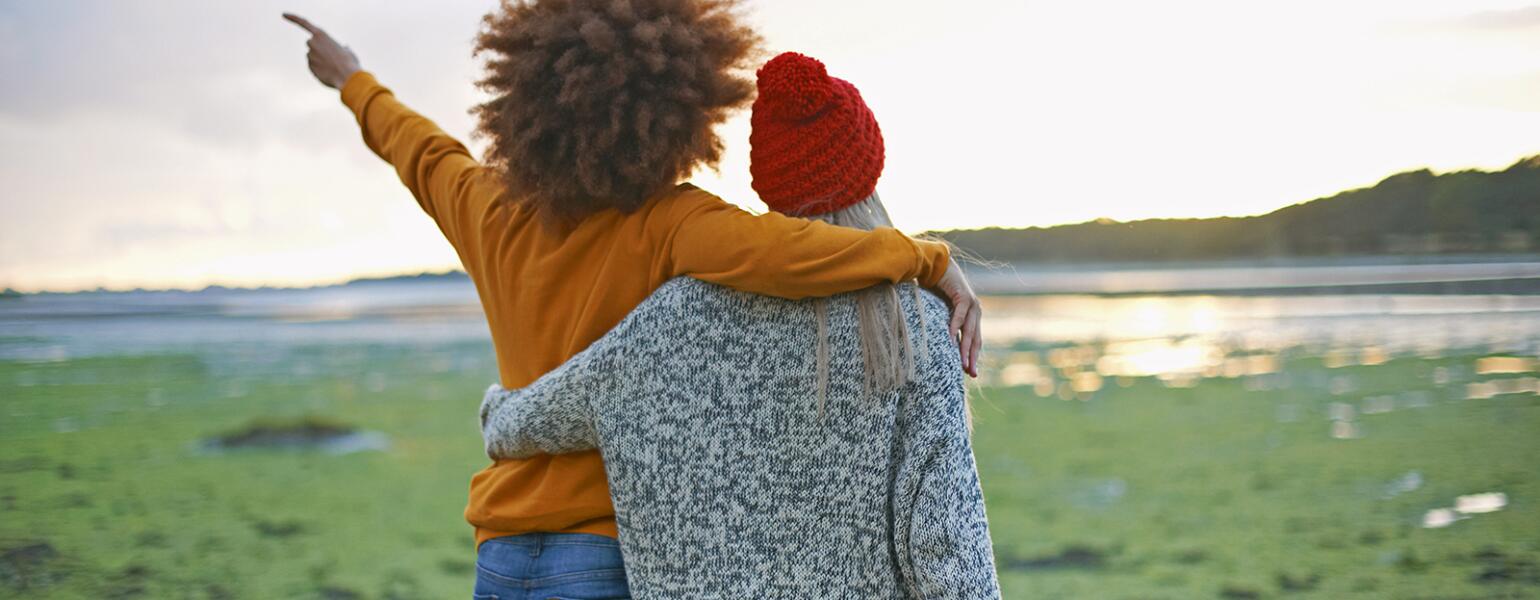 Rear view of two young forever friends by sea pointing at sunset