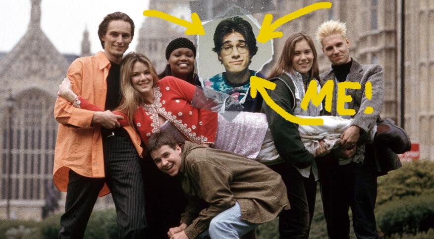 Image of author Joel Steel superimposed with cast of MTV Real World Season 4 London with