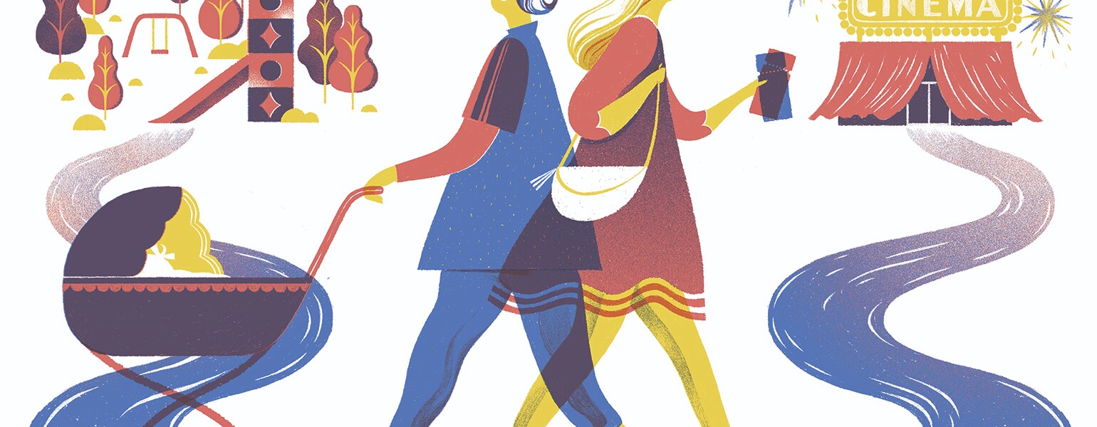 An illustration of two friends walking past each other - one is pushing their child toward a park, while the other walks alone toward a movie theater.