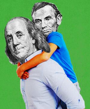 Photo illustration of Ben Franklin carrying Abraham Lincoln