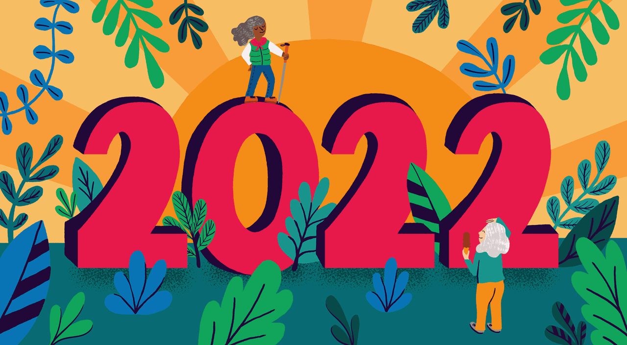 animation of 2022 numbers with sunrise, two women interacting, new year