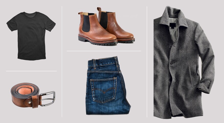 Clothing consisting of black t-shirt, brown leather belt, brown chelsea boots, dark blue jeans, and gray wool pea coat.