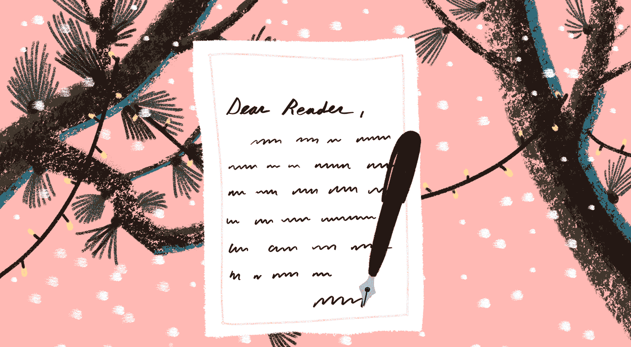 Letter addressed "Dear Reader" animating into a winter scene