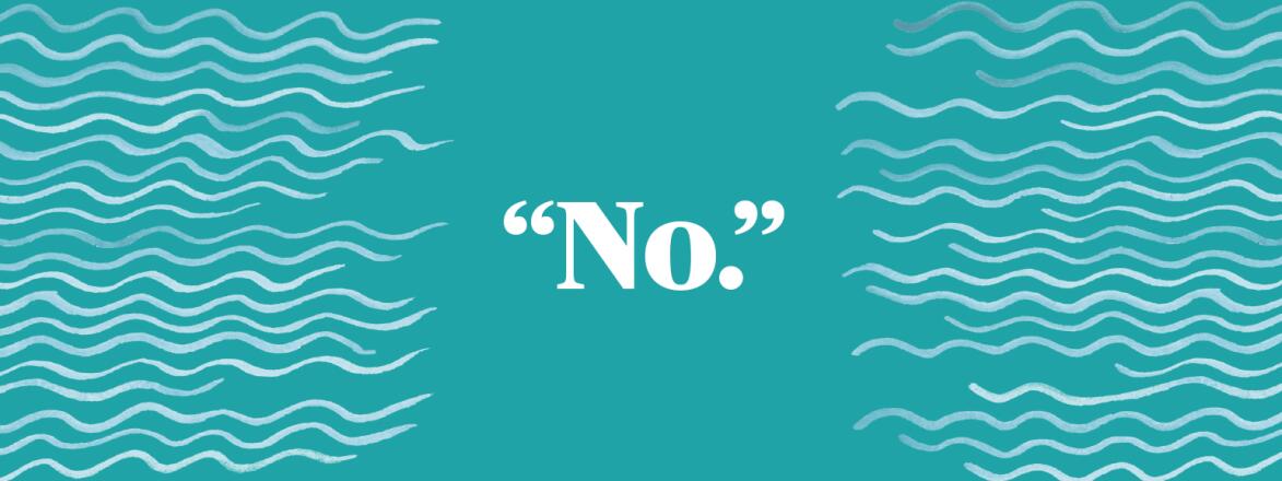 the word no in big white bold font on light blue background