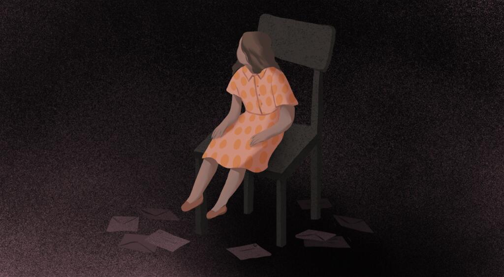 illustration of little girl sitting in dark room wearing an orange dress, mail scattered on floor, #metoo movement