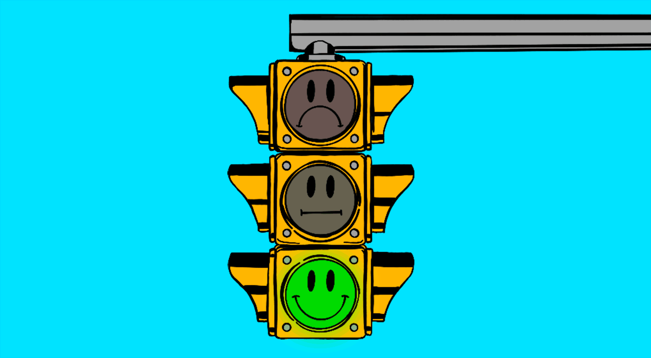 illustration animation of traffic light with different faces on each light