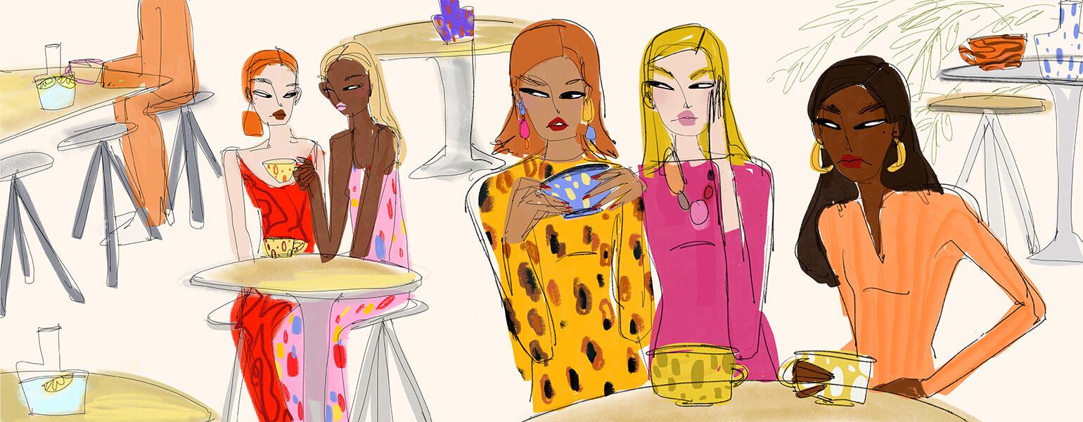illustration of ladies gossiping at a cafe by anjelica roselyn