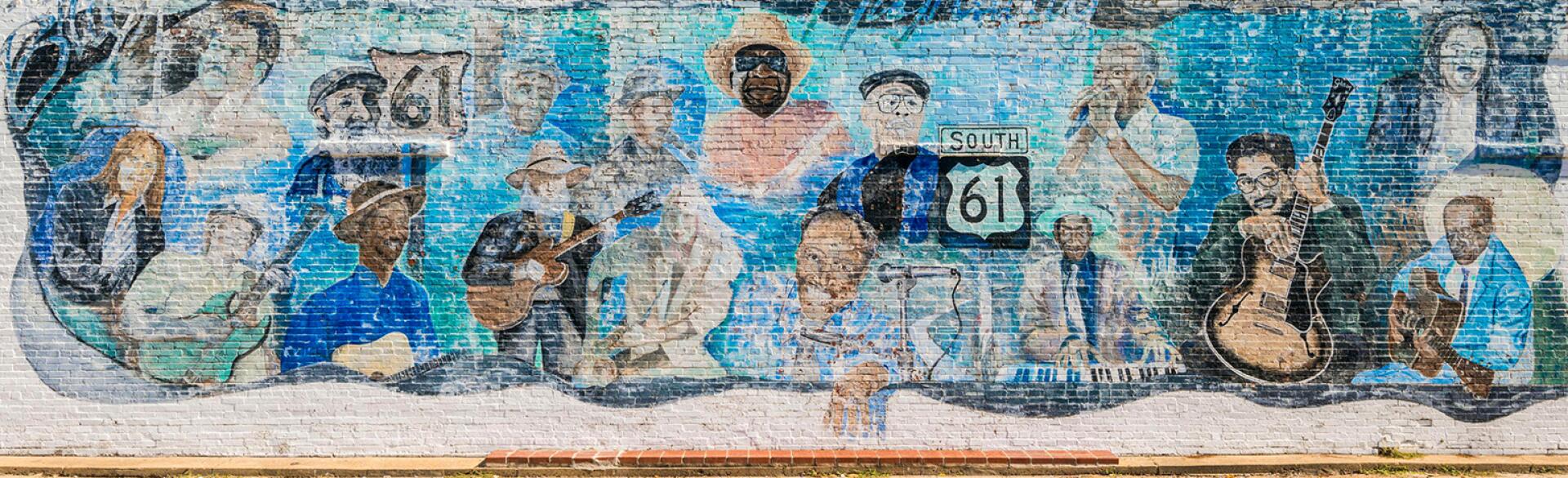 United States, Mississippi, Leland, mural about Highway 61, the Blues Highway,