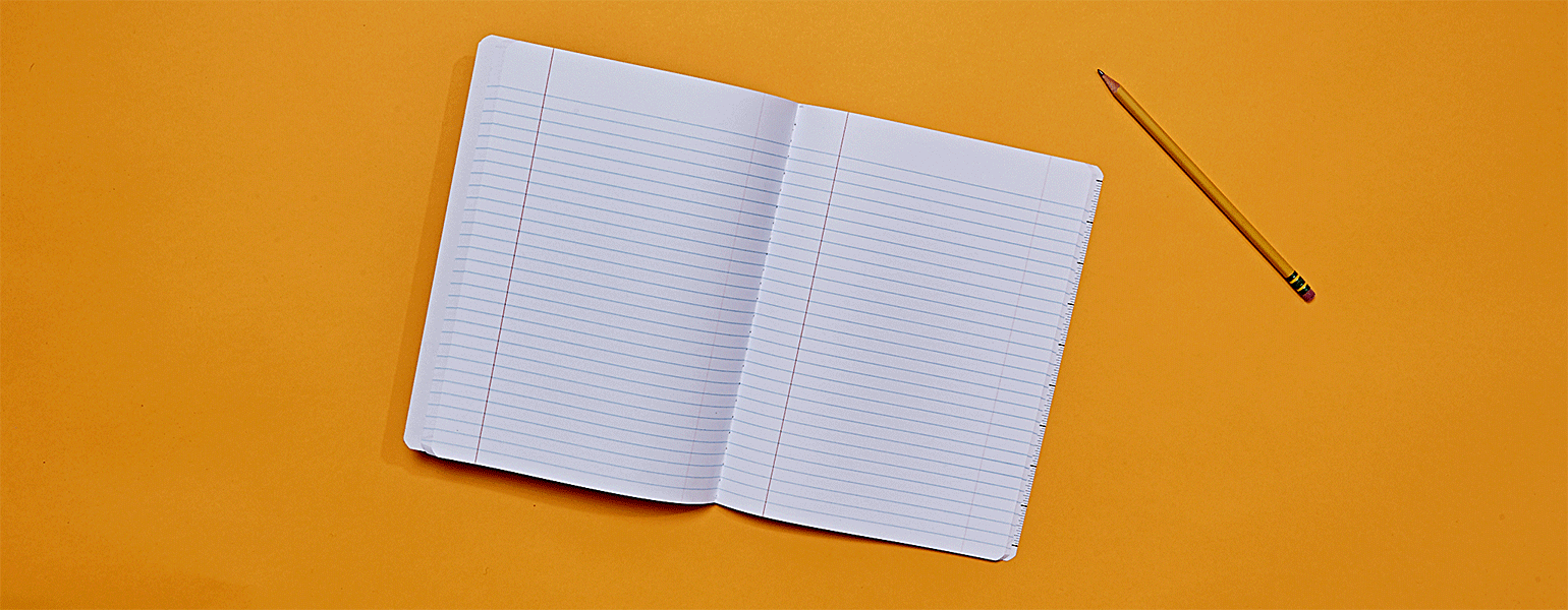 Graphic of open notebook with letter A on it 