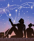illustration of mother and daughter looking at uterus constellation at night