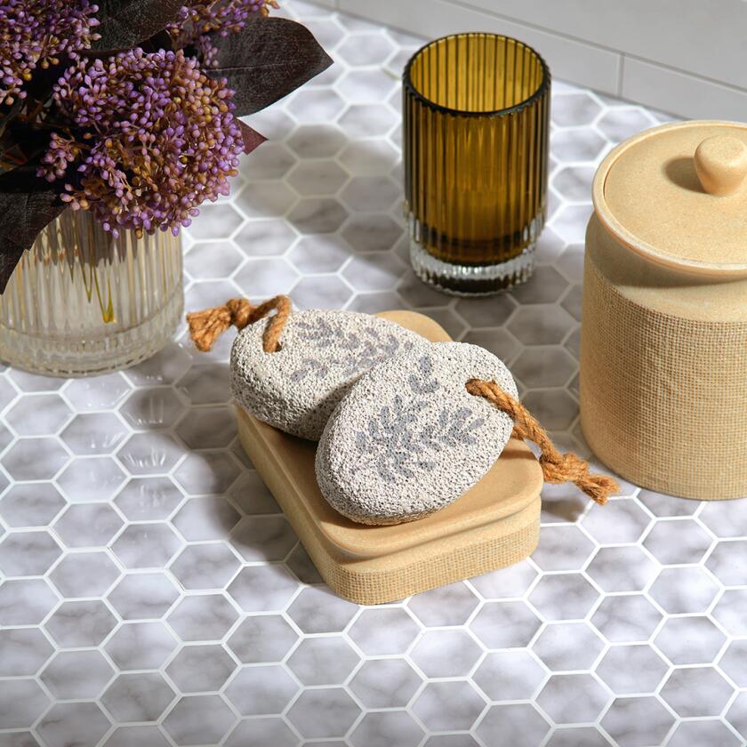 2 pumice stones on bathroom countertop