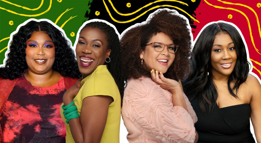 photo collage of lizzo, brown ambition podcast hosts mandi woodruff and tiffany aliche, nyki robinson