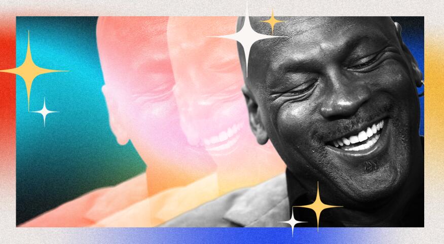 Michael Jordan at 60 years old, eyes closed but smiling