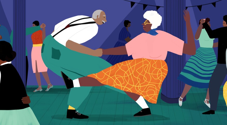 A drawing of an elderly man and woman dancing together, surrounded by younger couples.