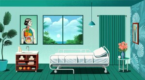 illustration of hospital room decorated to feel more welcoming and comfortable