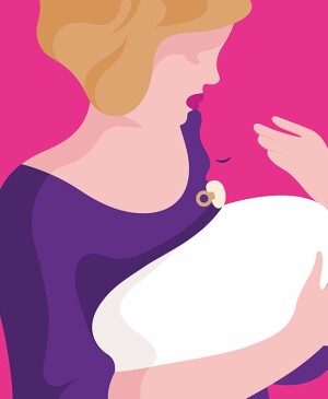 illustration of woman holding imaginary baby, adoption